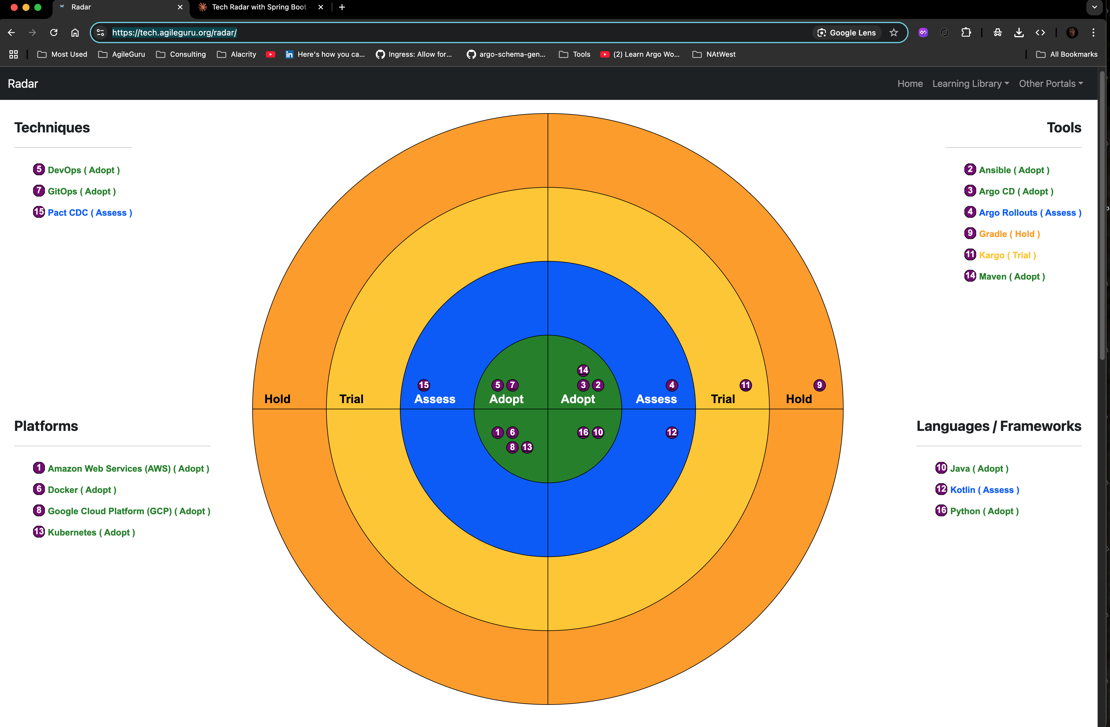 A Tech Radar is a visual and strategic tool that helps organizations make informed decisions about technology adoption. It provides a systematic way to assess, track, and communicate the status of technologies, tools, platforms, languages, and frameworks within your organization.